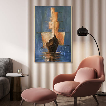 Serene Seascape: Captivating Oil Painting of an Elegant Ship in Tranquil Waters
