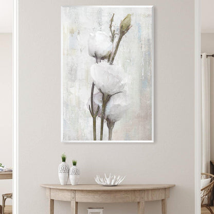 Elegant Spring Floral Oil Painting - White Blooming Cotton Stems on Canvas