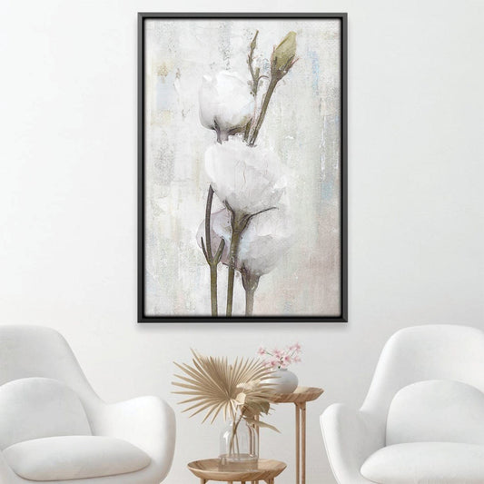 Elegant Spring Floral Oil Painting - White Blooming Cotton Stems on Canvas