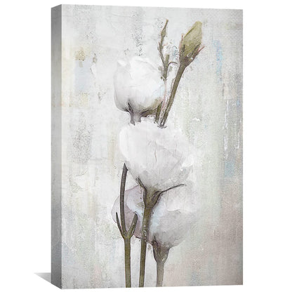 Elegant Spring Floral Oil Painting - White Blooming Cotton Stems on Canvas