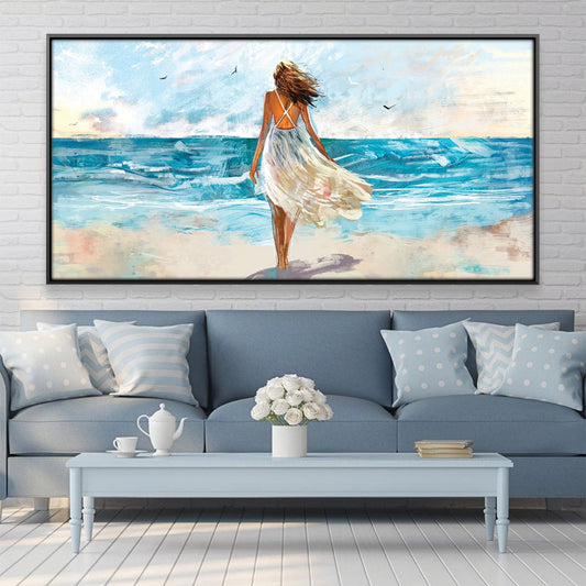Serene Coastal Escape: Woman Walking on Beach Oil Painting