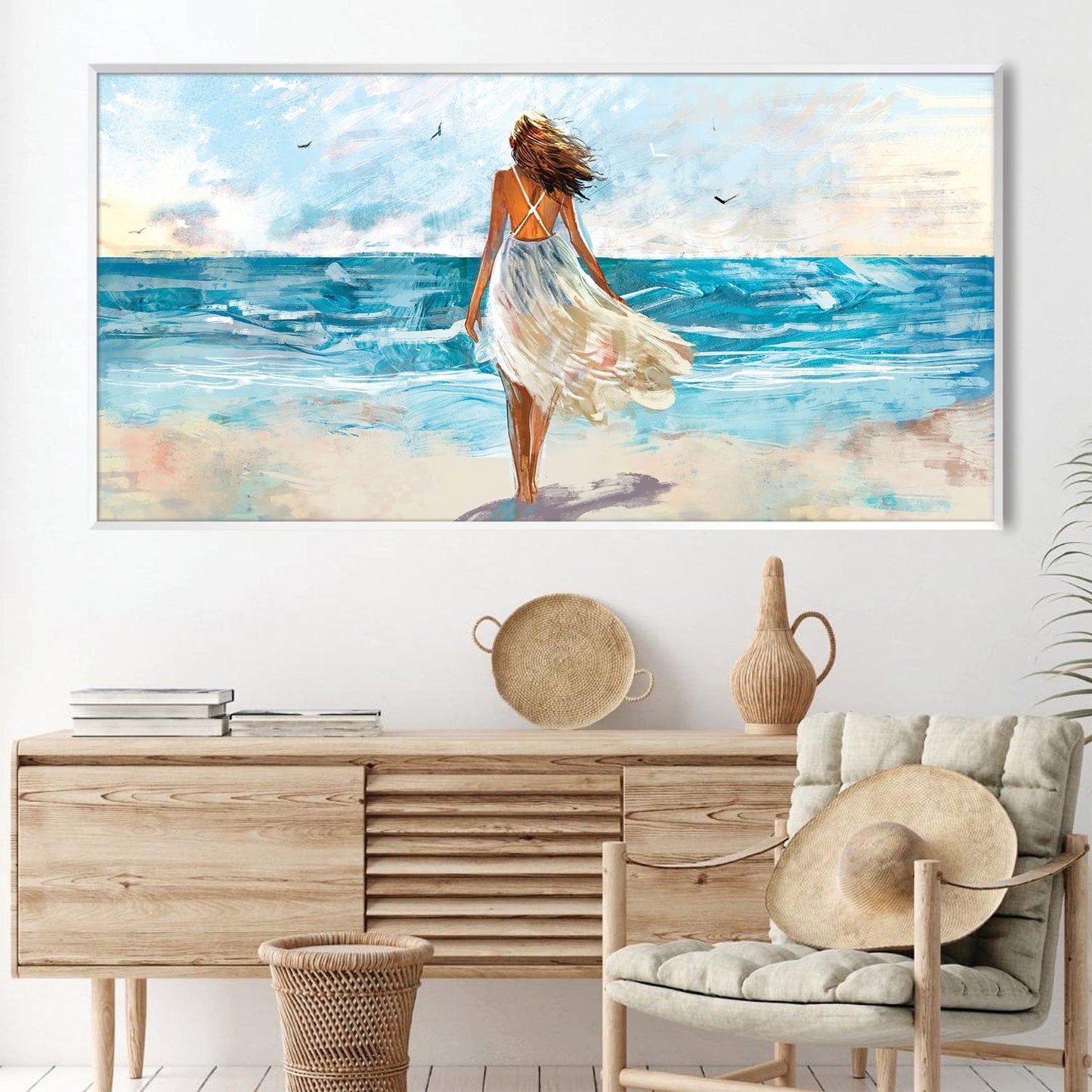 Serene Coastal Escape: Woman Walking on Beach Oil Painting