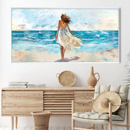 Serene Coastal Escape: Woman Walking on Beach Oil Painting