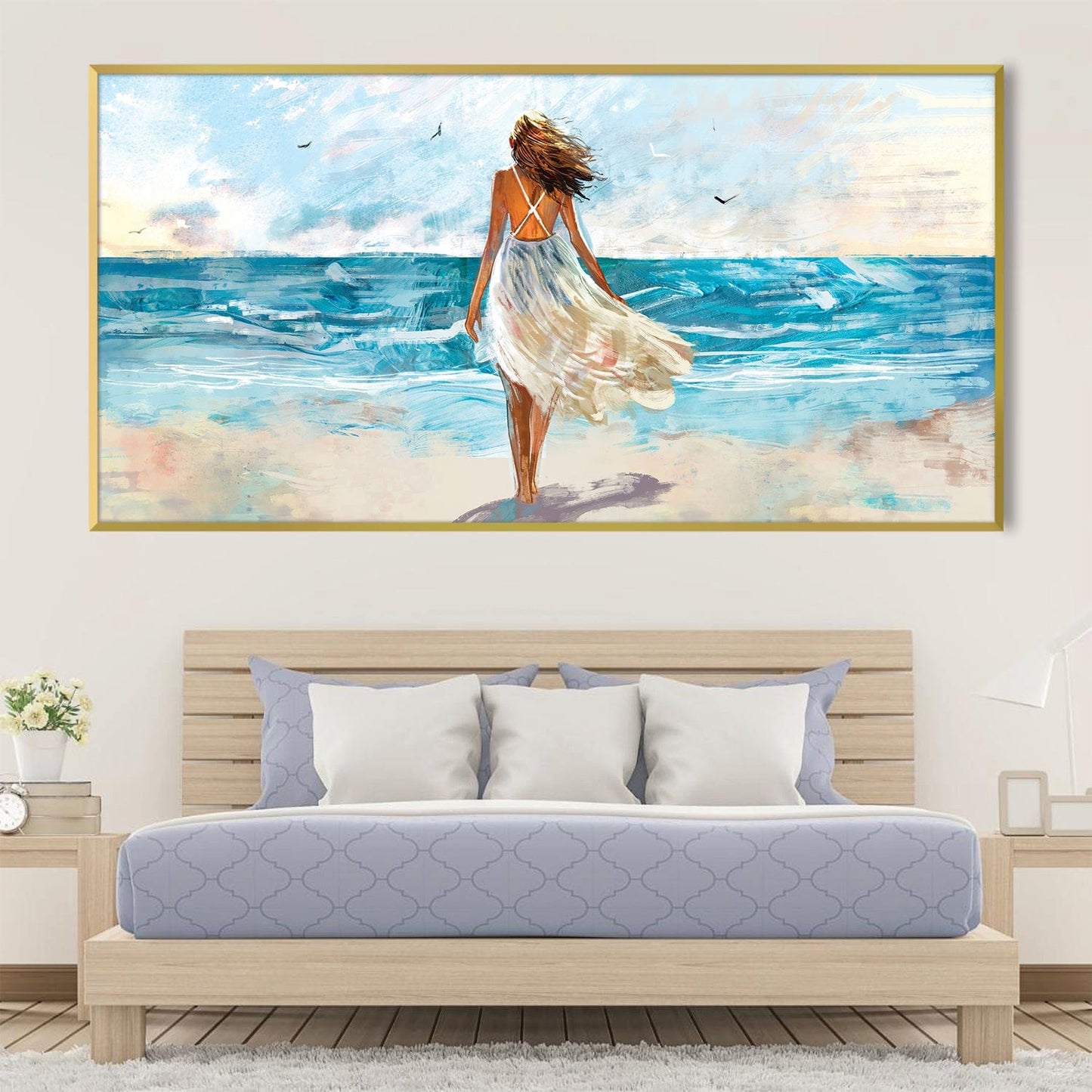 Serene Coastal Escape: Woman Walking on Beach Oil Painting