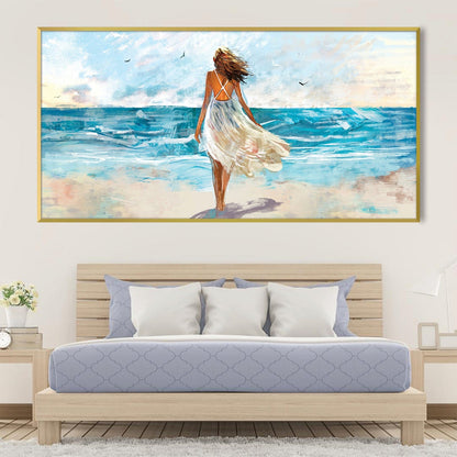 Serene Coastal Escape: Woman Walking on Beach Oil Painting