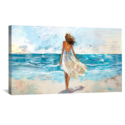 Serene Coastal Escape: Woman Walking on Beach Oil Painting