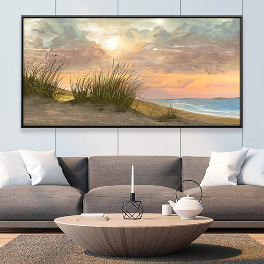 Serene Beachscape Oil Painting with Sunset and Coastal Grass