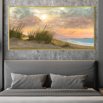 Serene Beachscape Oil Painting with Sunset and Coastal Grass