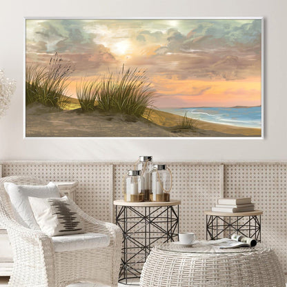 Serene Beachscape Oil Painting with Sunset and Coastal Grass