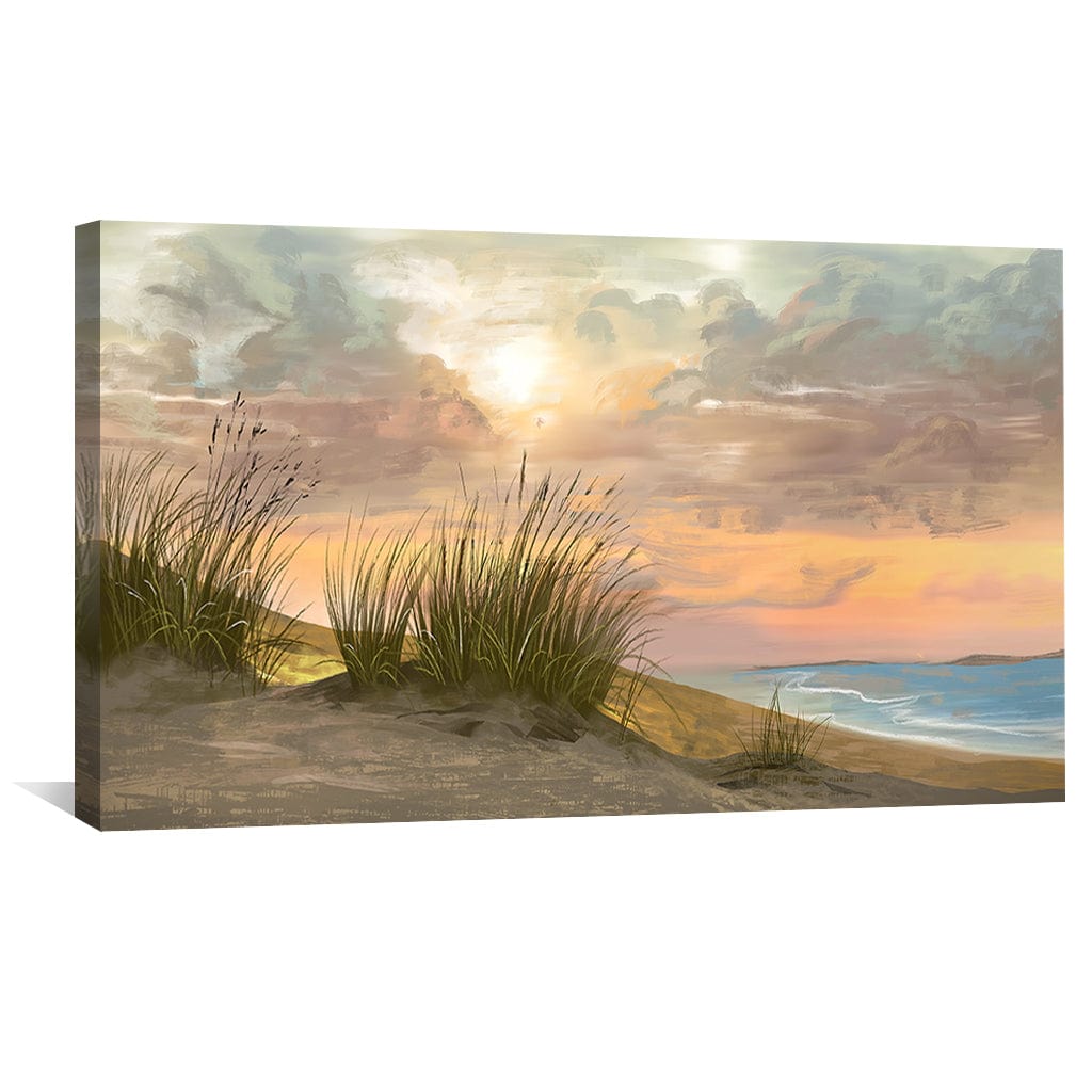 Serene Beachscape Oil Painting with Sunset and Coastal Grass