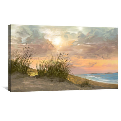 Serene Beachscape Oil Painting with Sunset and Coastal Grass