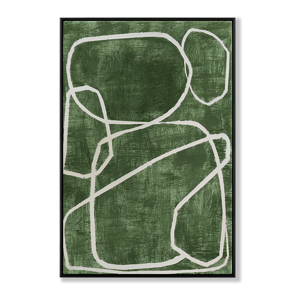 Abstract Green Oil Painting with White Circular Lines for Contemporary Decor