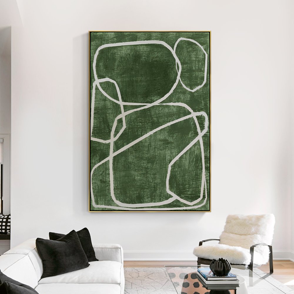 Abstract Green Oil Painting with White Circular Lines for Contemporary Decor