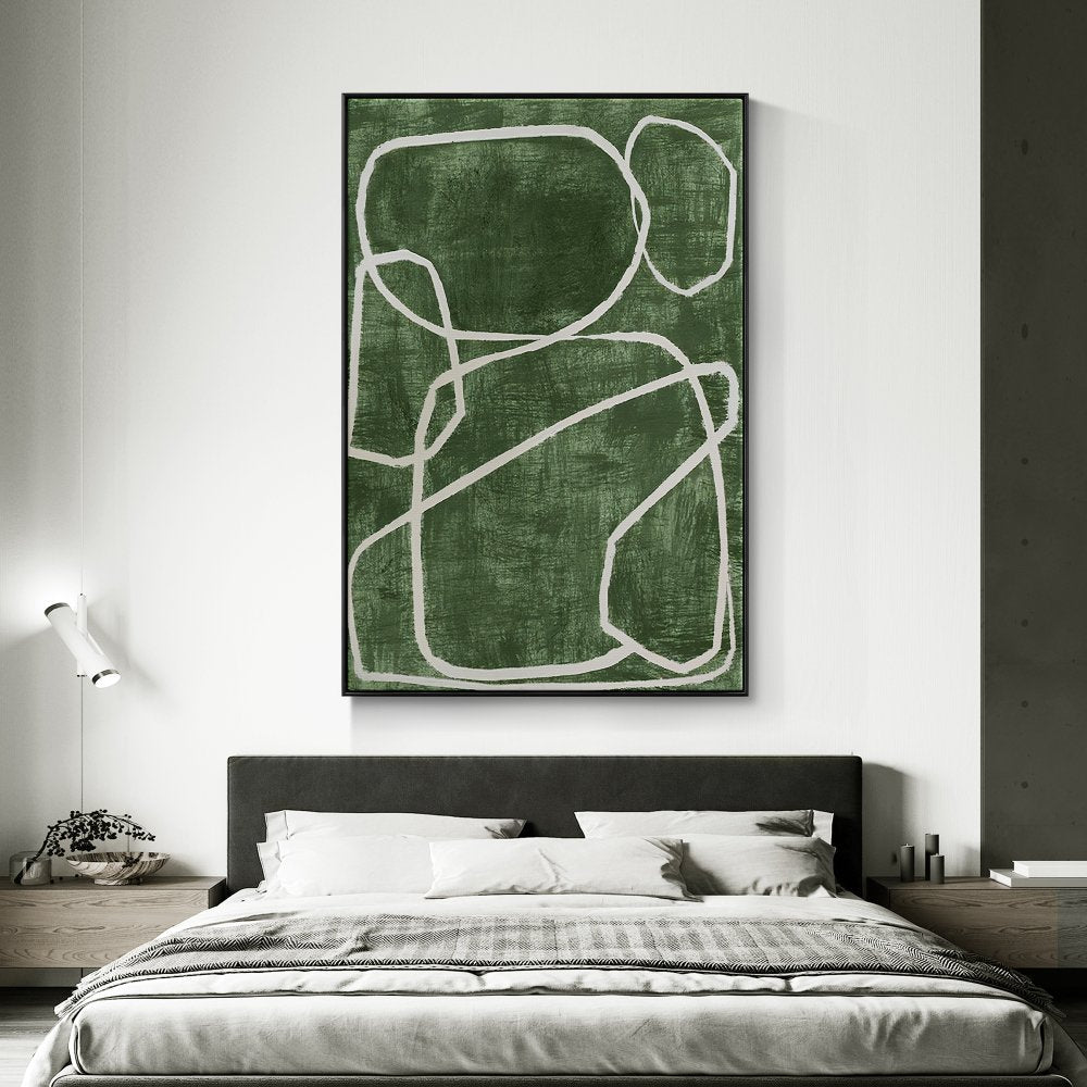 Abstract Green Oil Painting with White Circular Lines for Contemporary Decor