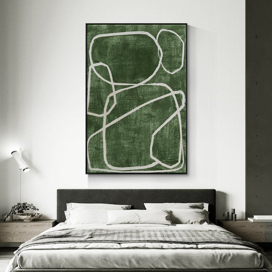 Abstract Green Oil Painting with White Circular Lines for Contemporary Decor