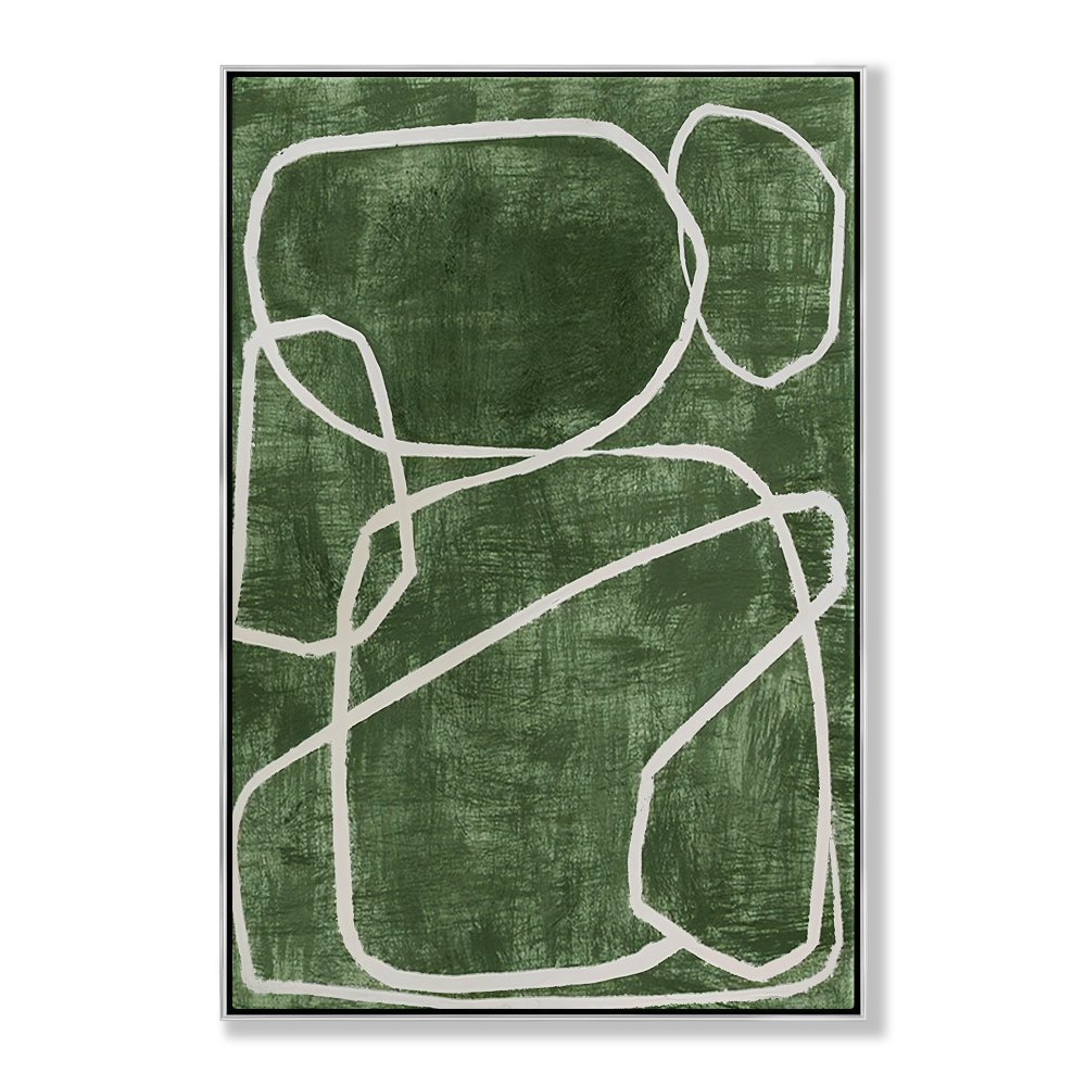 Abstract Green Oil Painting with White Circular Lines for Contemporary Decor
