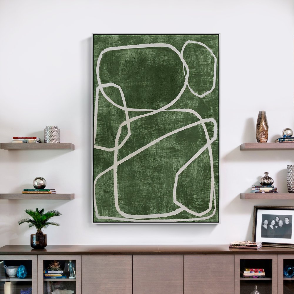 Abstract Green Oil Painting with White Circular Lines for Contemporary Decor