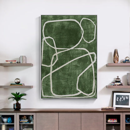 Abstract Green Oil Painting with White Circular Lines for Contemporary Decor