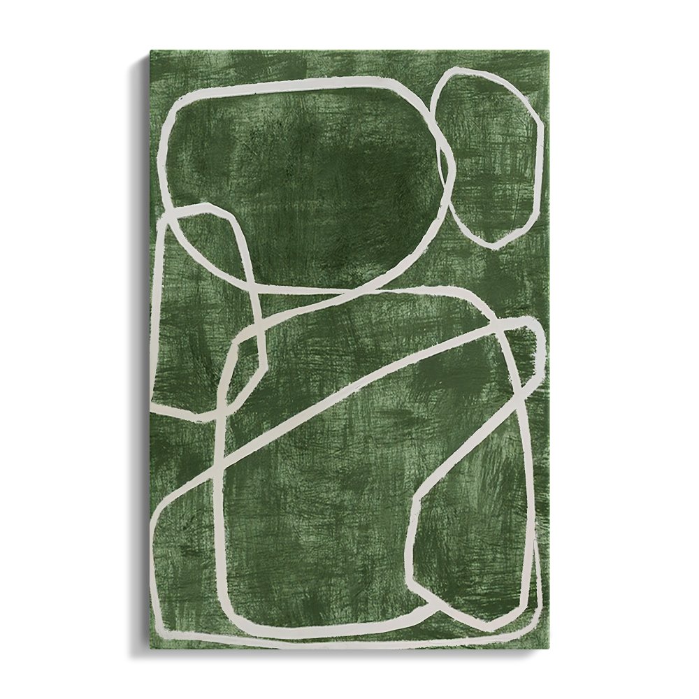 Abstract Green Oil Painting with White Circular Lines for Contemporary Decor