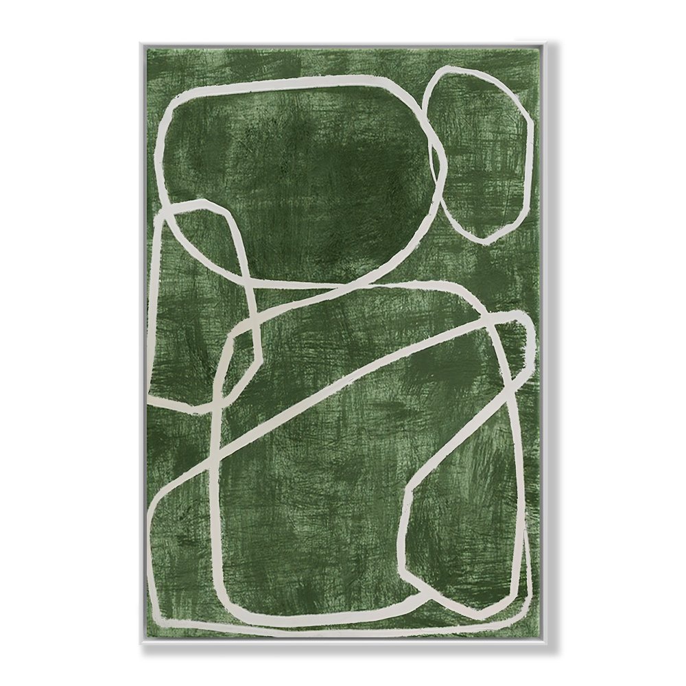 Abstract Green Oil Painting with White Circular Lines for Contemporary Decor