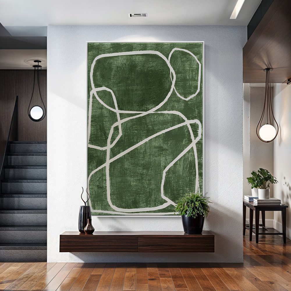 Abstract Green Oil Painting with White Circular Lines for Contemporary Decor