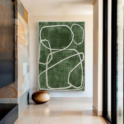 Abstract Green Oil Painting with White Circular Lines for Contemporary Decor