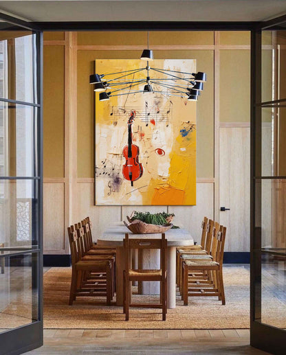 Vibrant Abstract Violin Oil Painting with Musical Notes on Canvas