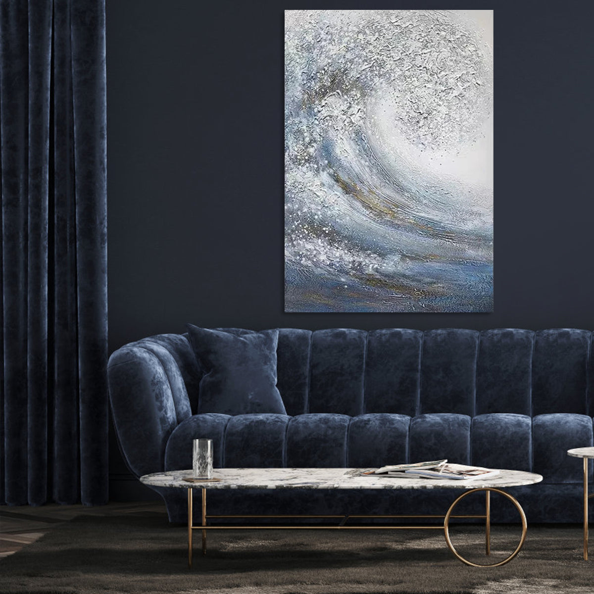 Serene Ocean Wave Abstract Oil Painting for Tranquil Home Decor
