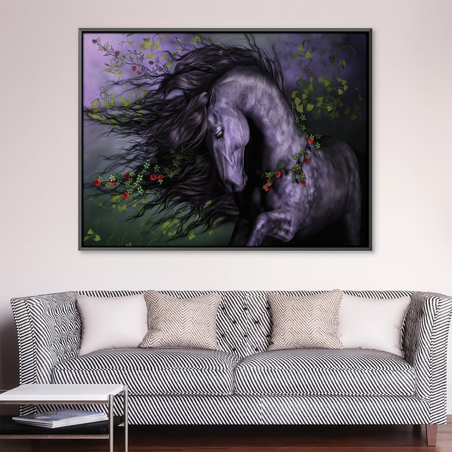 Majestic Black Horse with Wild Roses - Stunning Floral Oil Painting for Home Decor