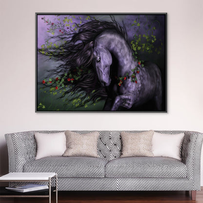Majestic Black Horse with Wild Roses - Stunning Floral Oil Painting for Home Decor