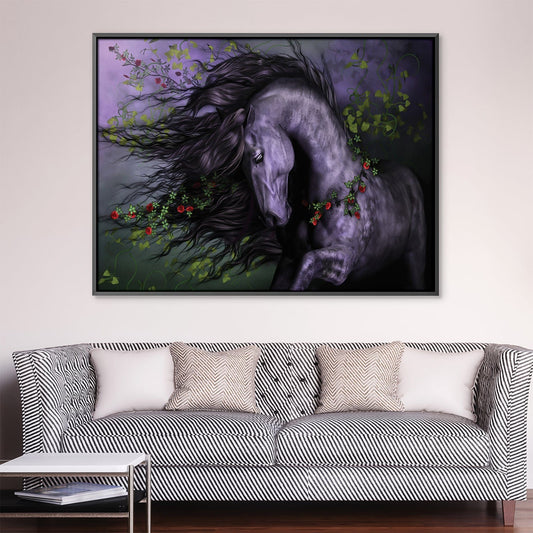 Majestic Black Horse with Wild Roses - Stunning Floral Oil Painting for Home Decor