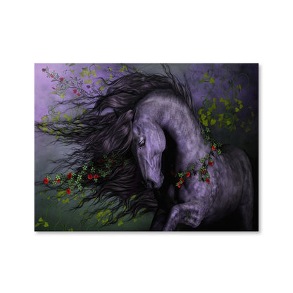 Majestic Black Horse with Wild Roses - Stunning Floral Oil Painting for Home Decor
