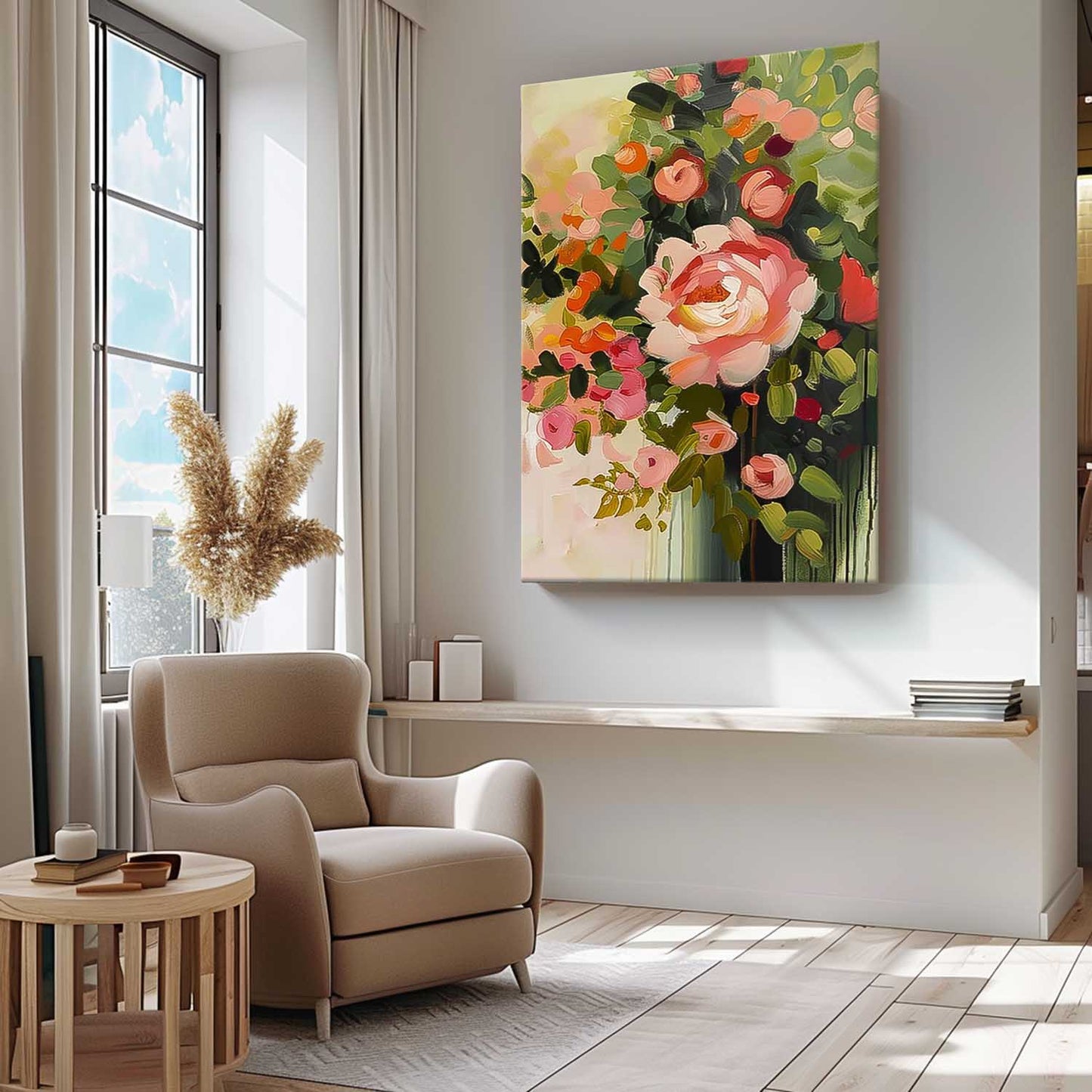 Vibrant Floral Oil Painting with Pink Roses and Lush Greenery for Home Decor