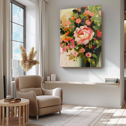 Vibrant Floral Oil Painting with Pink Roses and Lush Greenery for Home Decor