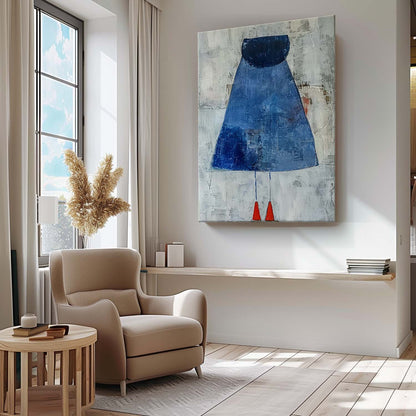 Contemporary Woman in Blue Dress - Abstract Minimalist Oil Painting for Modern Decor