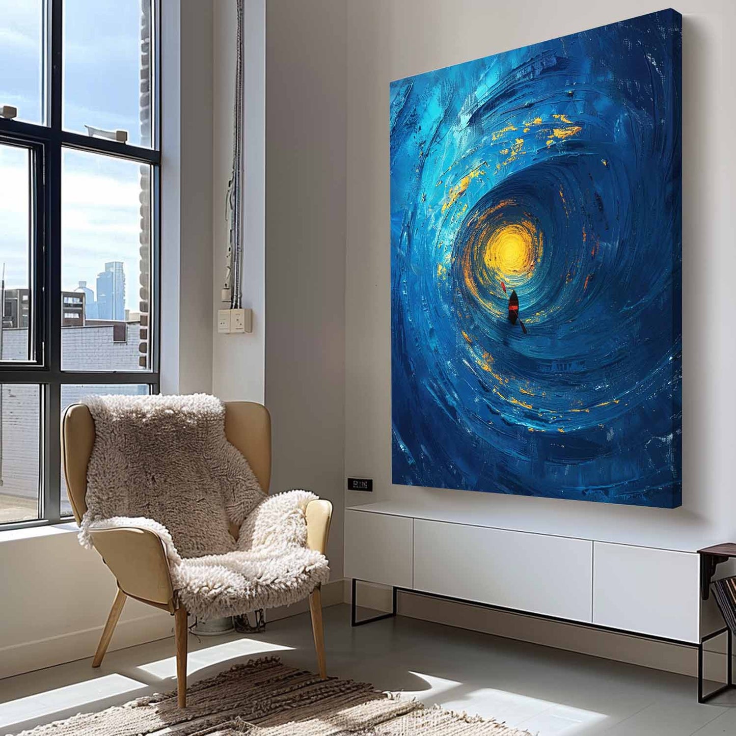 Serene Ocean Swirl with Vibrant Sunlight and Kayak Canvas Artwork