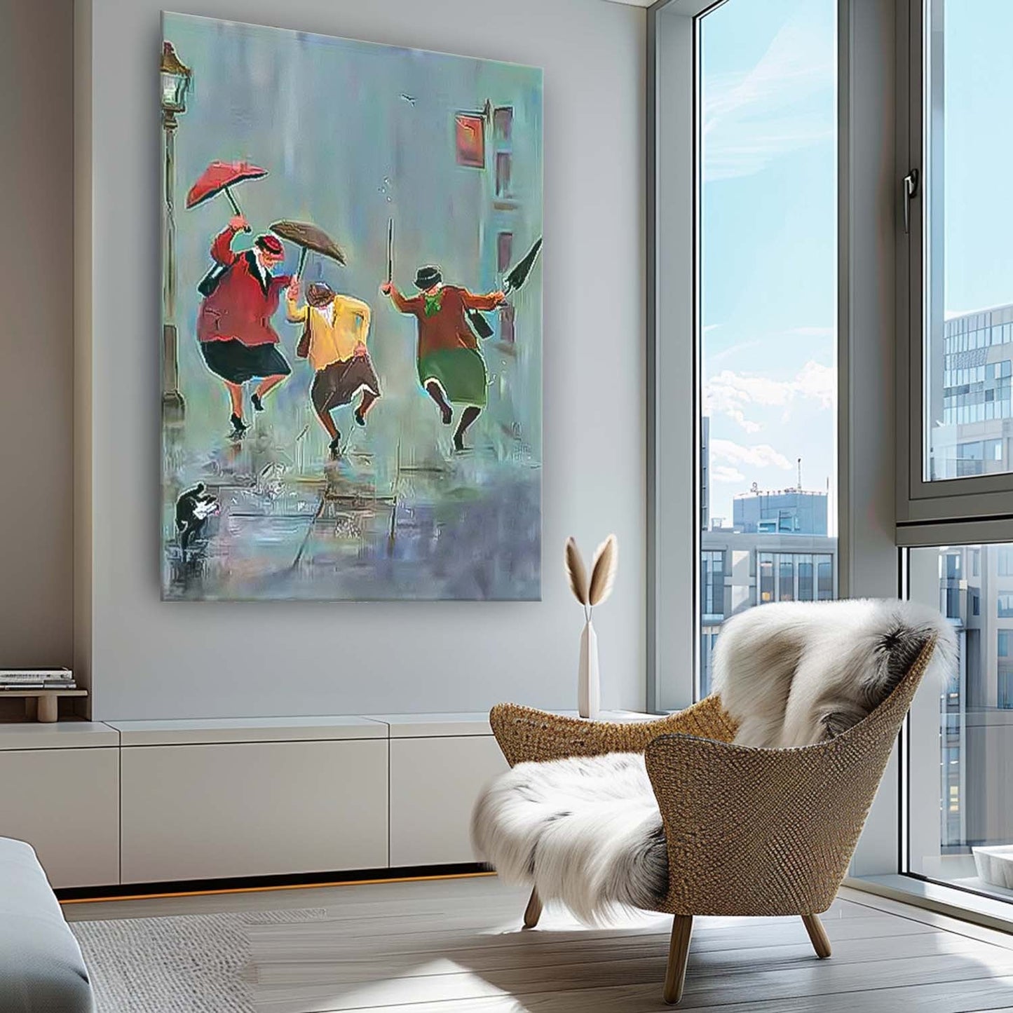 Joyful Rain Dance - Vibrant Oil Painting of People with Umbrellas