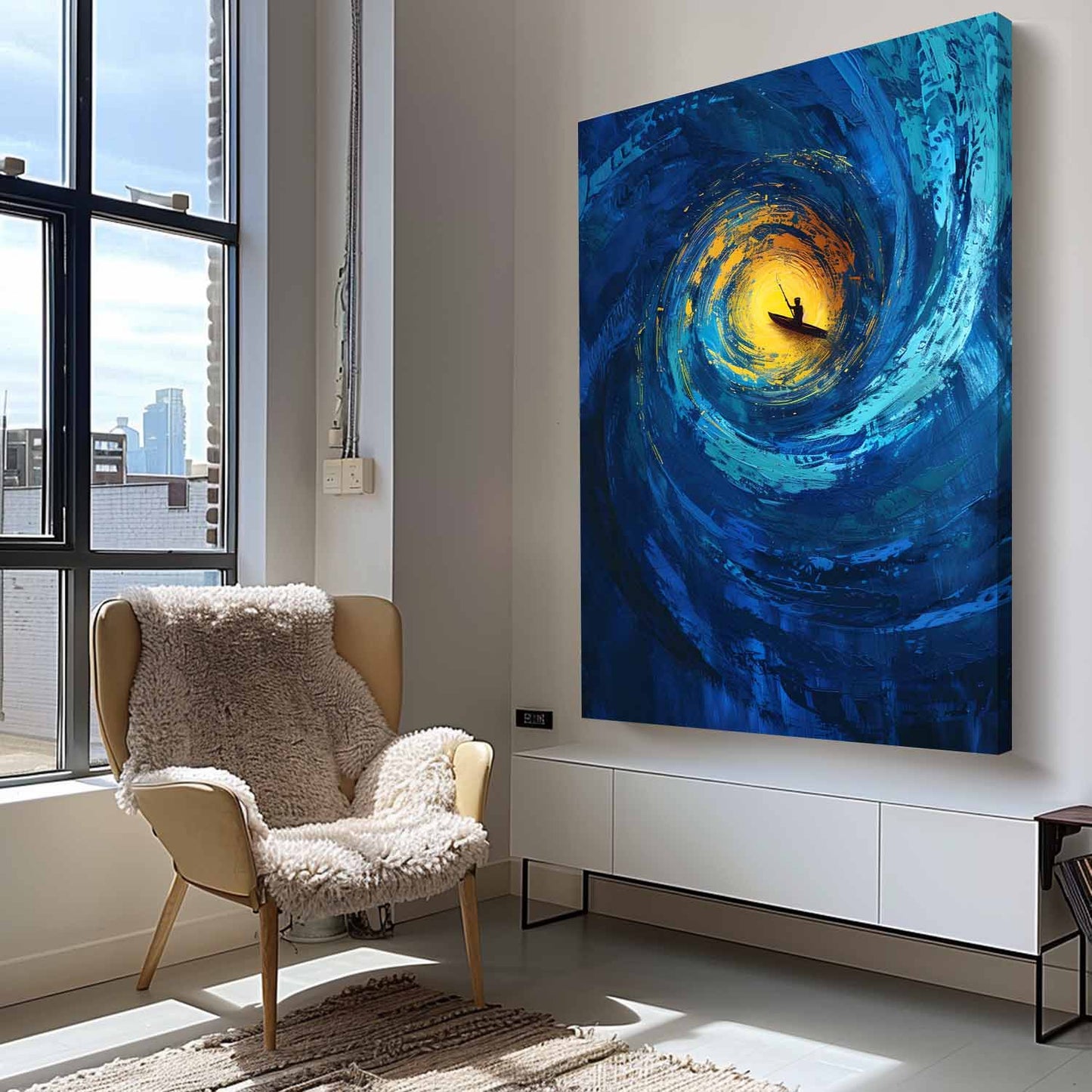 Serene Ocean Swirl: Vibrant Canvas Art of a Kayaker in Tranquil Waters