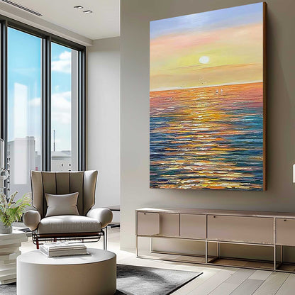 Serene Sunset Ocean View Oil Painting for Coastal Home D√©cor