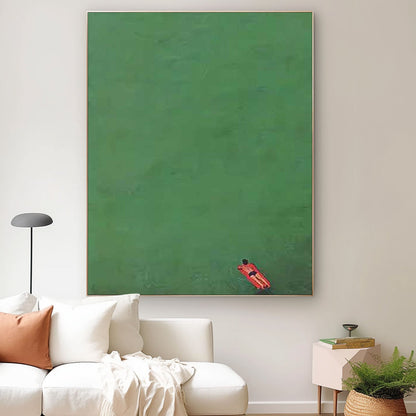 Serene Minimalist Oil Painting of a Figure in Tranquil Green Waters