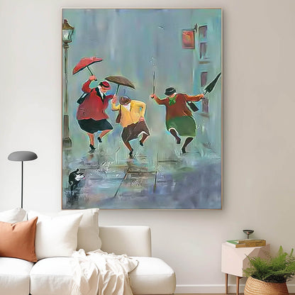 Joyful Rain Dance - Vibrant Oil Painting of People with Umbrellas