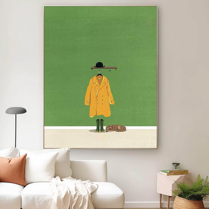 Charming Minimalist Oil Painting of Yellow Coat and Hat on Green Background