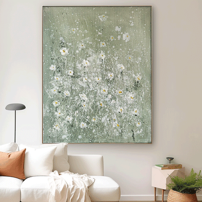 Elegant White Floral Oil Painting on Soft Green Canvas