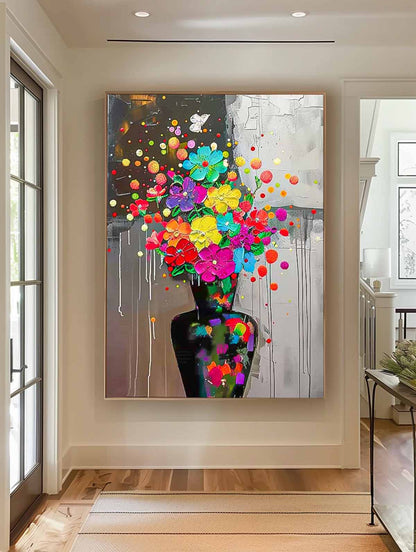Vibrant Floral Oil Painting on Canvas - Colorful Bouquet Home Decor Art