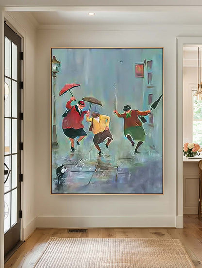 Joyful Rain Dance - Vibrant Oil Painting of People with Umbrellas