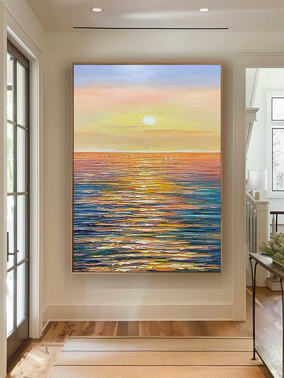 Serene Sunset Ocean View Oil Painting for Coastal Home D√©cor