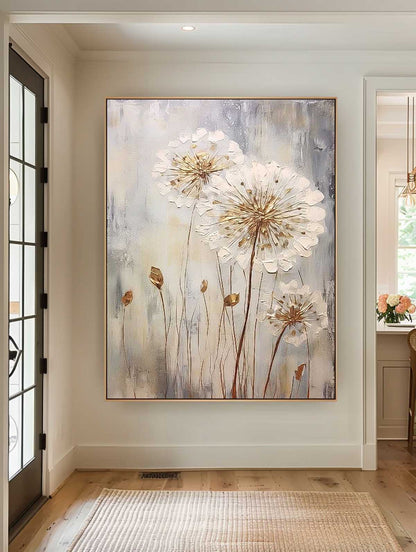 Elegant Floral Oil Painting - White Flowers Against Soft Gray Background for Modern Decor