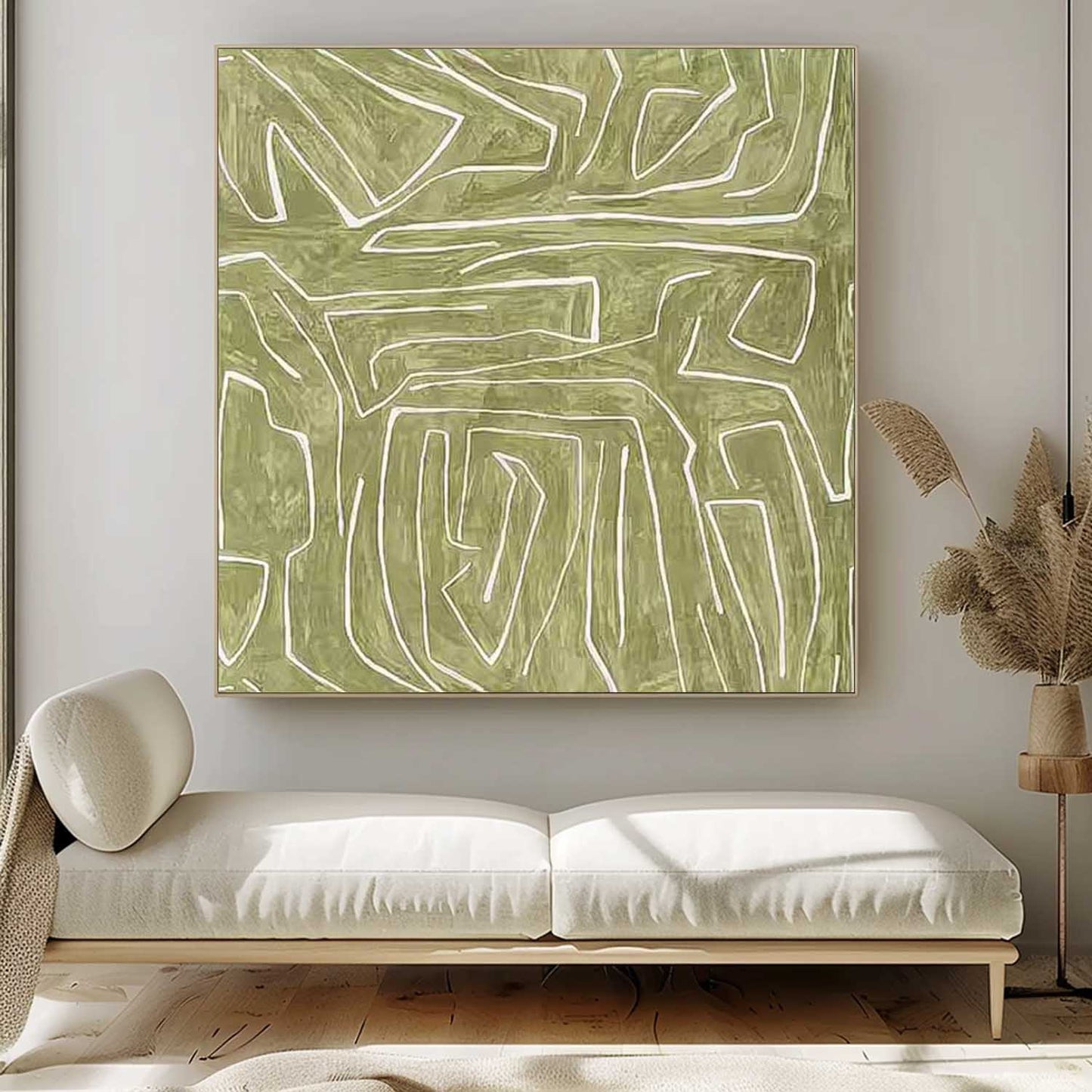 Abstract Green Lines Minimalist Oil Painting for Modern Home Decor