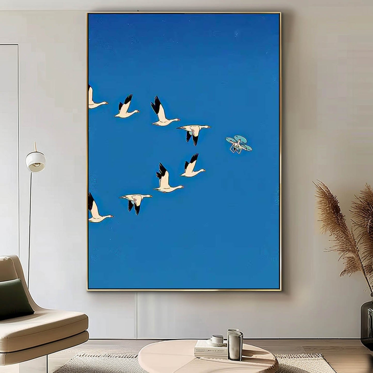 Elegant Minimalist Oil Painting of Geese in Flight against Vibrant Blue Sky