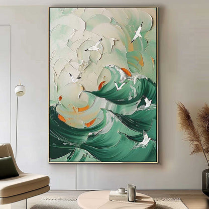 Serene Ocean Waves Oil Painting with Seagulls - Coastal Beach Art for Home Decor